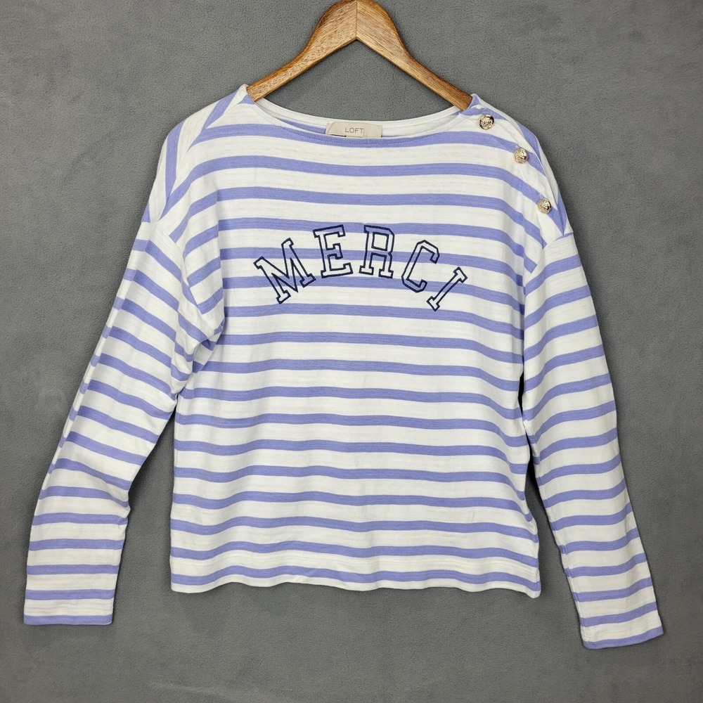 Loft Merci Shirt Womens S White Purple Striped 100% Cotton Embroidered Boat Neck